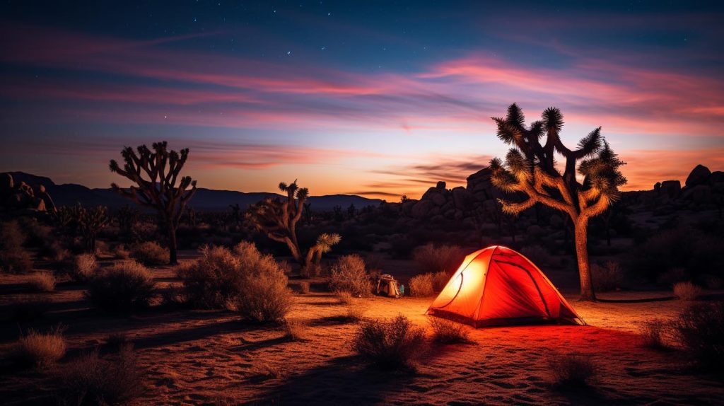 A tent is lit up in the desert at sunset.