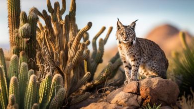 A lynx sits on a rock in front of cactus plants.